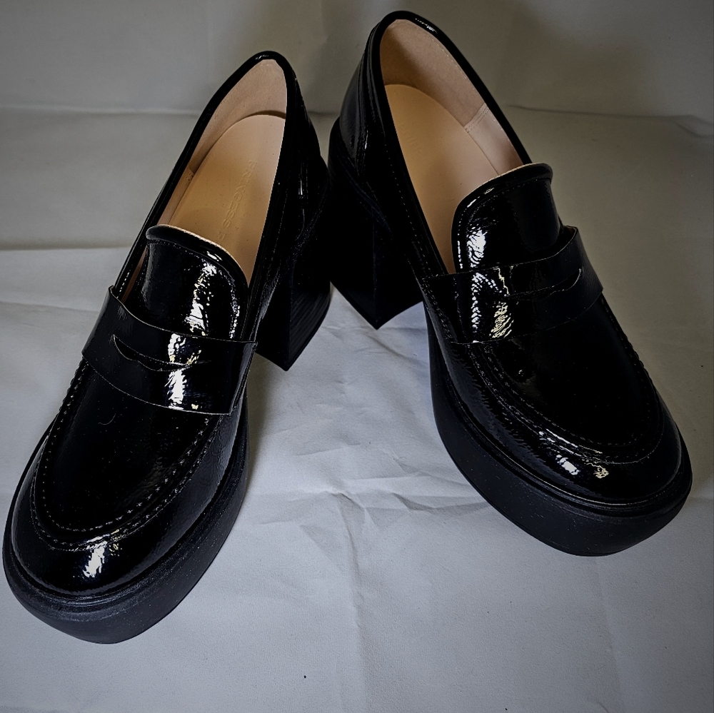 PRINCESS POLLY Black Loafer Platform Heels
